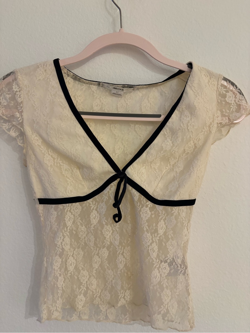 Sheer Lace Tie-Front Top - Cream with Black Trim